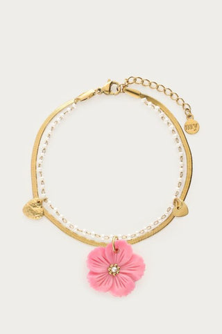 MY-Botanical dubbele armband met roze bloem
