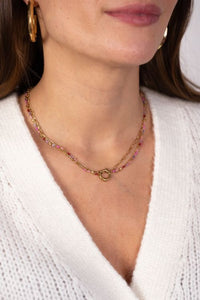 MY-Driedubbele ketting met schakels & roze kralen