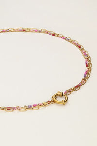 MY-Driedubbele ketting met schakels & roze kralen