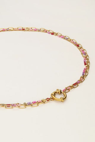 MY-Driedubbele ketting met schakels & roze kralen