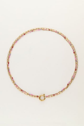 MY-Driedubbele ketting met schakels & roze kralen