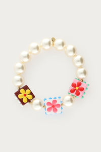 MY-Tropical elastieken armband met imitatieparels en vierkante bloemen