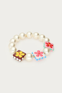 MY-Tropical elastieken armband met imitatieparels en vierkante bloemen