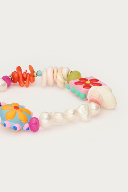 MY-Tropical zoetwaterparel elastieken armband met schelpen en bloemen