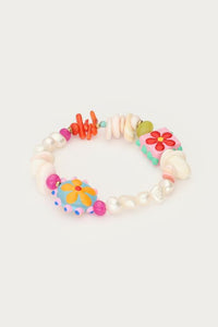 MY-Tropical zoetwaterparel elastieken armband met schelpen en bloemen
